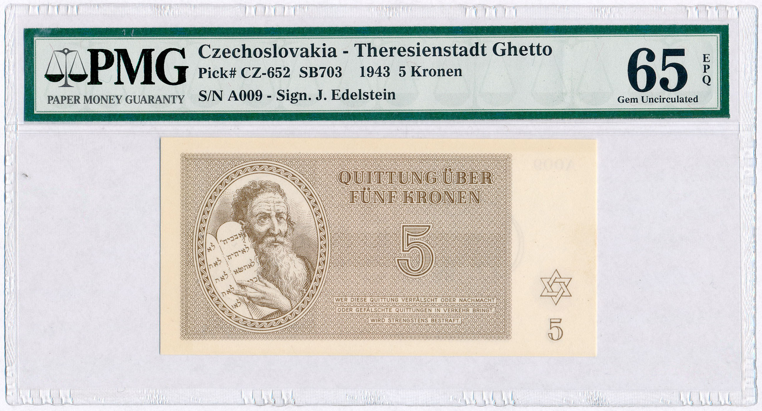 Czechosłowacja, Getto Terezin. 5 koron 1943 PMG 65 EPQ